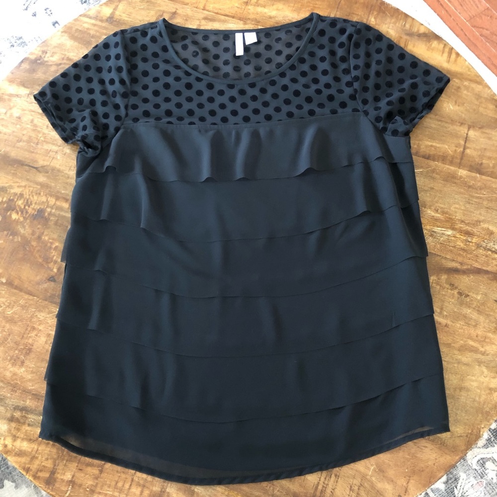 ELLE Black Ruffle Blouse with Velvet Dots - Size Small